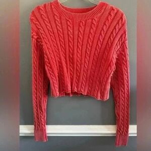 Aerie Pink Cropped Cable Knit Sweater